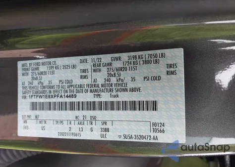 2023 Ford F-150 Xlt из США, поврежденный, VIN 1FTFW1E8XPFA14489